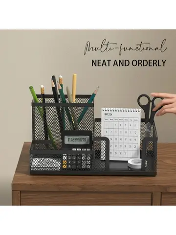 Black Mesh Desk Organizer - 3 Compartments with Pen Holder & Storage Baskets, Tame Office Supplies Clutter Fast