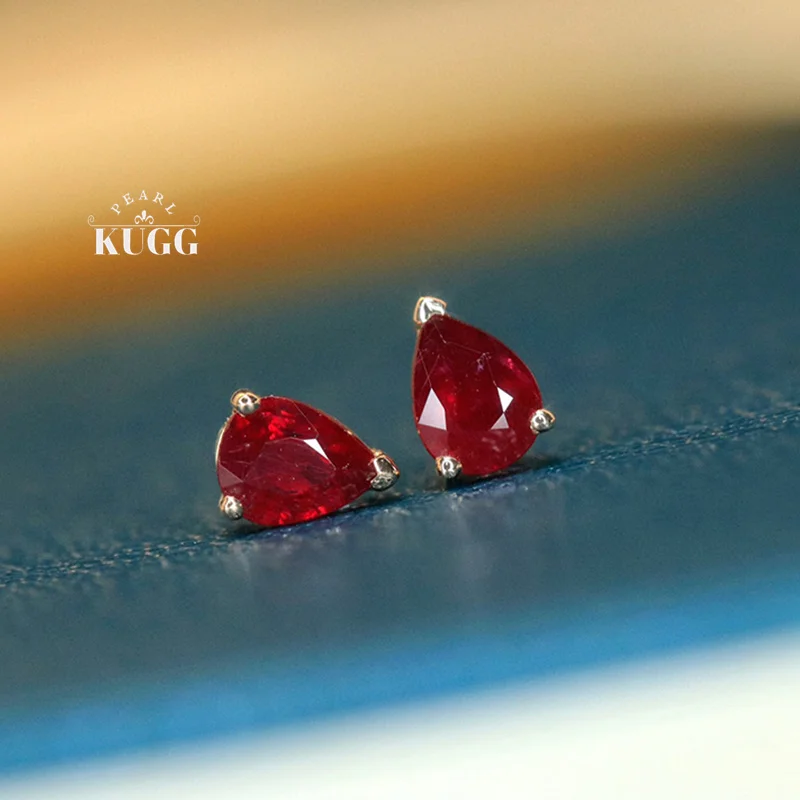 KUGG 100% 18K Yellow Gold Earrings Elegant Water Drop Shape Natural Ruby Stud Earrings for Women Birthday Gift Fine Jewelry
