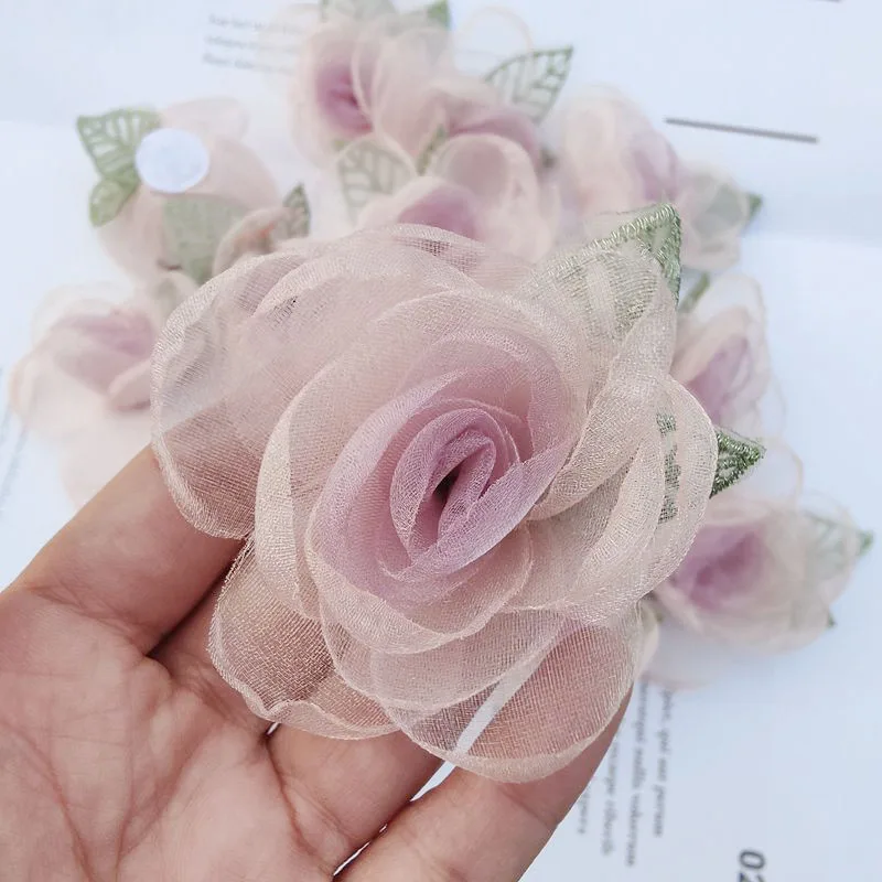 5Pcs/Lot Mesh Rose Yarn Silk Flower Patches With Leaves Handmade 3D Flower Hair Clip DIY Clothing Accessories