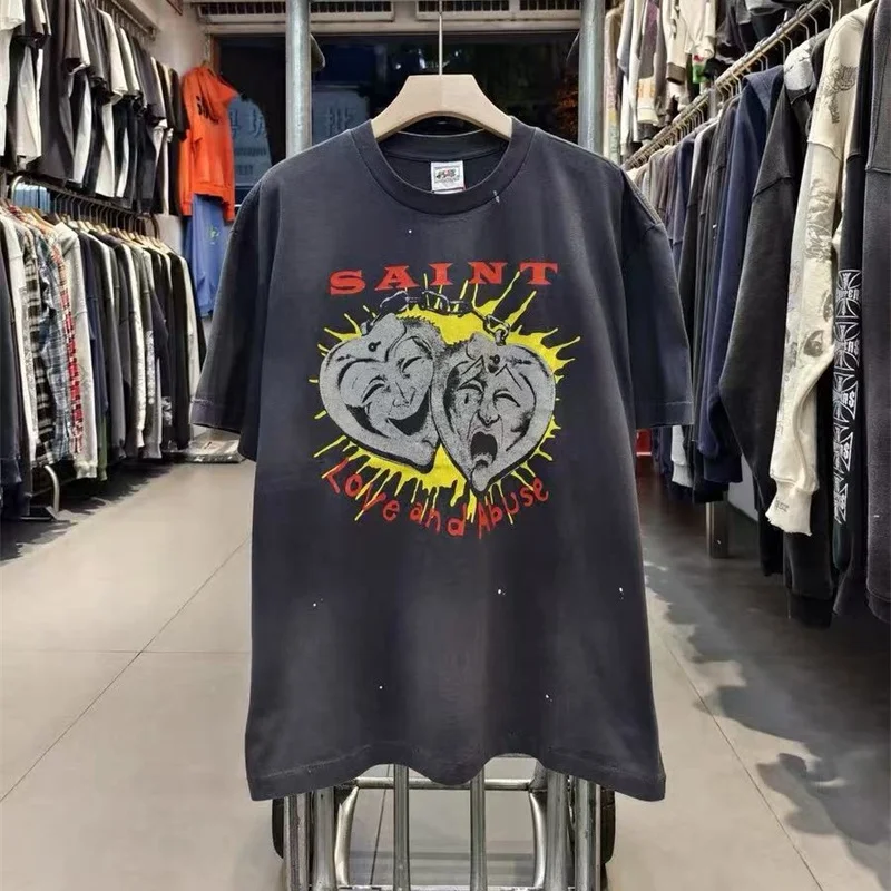 

High Street Vintage Washed Black Saint T-Shirt High Quality Men's Women's Hip-Hop Cotton Crack Pattern Printed Top T Shirt