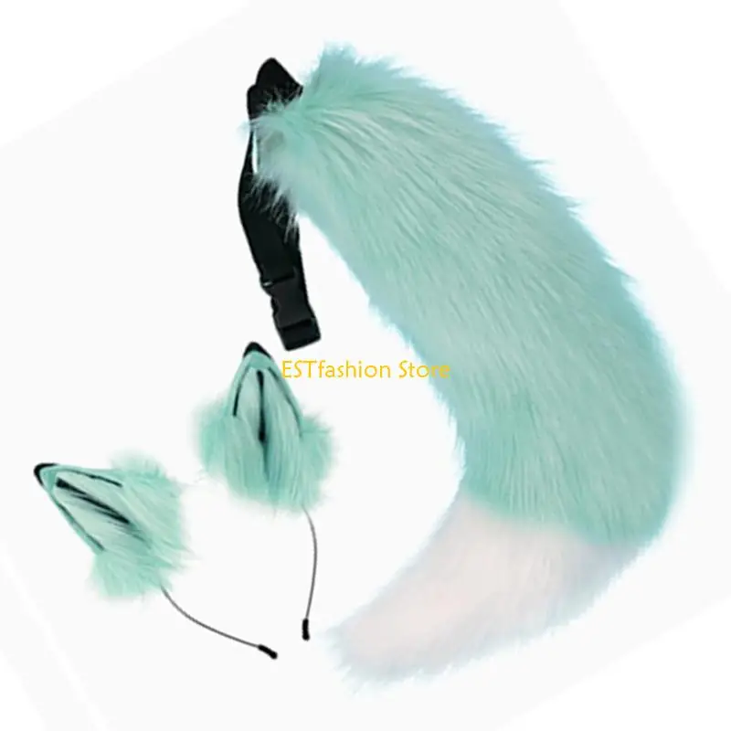 Y5GC Wolf Oren en Staart Set Harige Vossen Oor Hoofdband met Wolf Vossen Staart Halloween Dier Cosplay Kostuums Volwassen Tiener