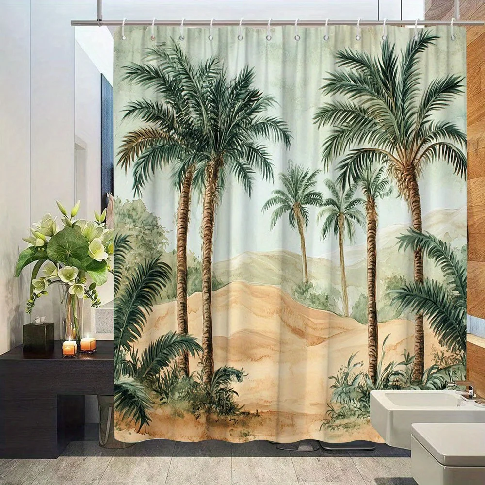 1pc Natural Landscape Palm Tree Shower Curtain, Green Plant Decor, Cozy Bathroom Design, Bathtub Divider Hanging Fabric, Bathroo