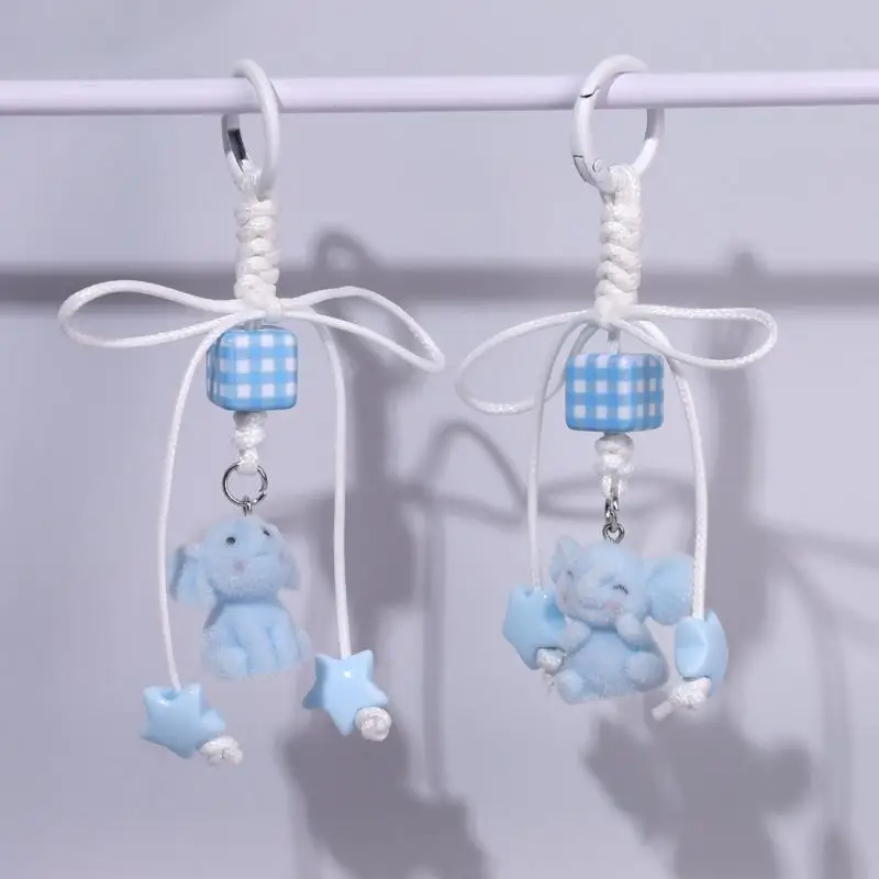 Light Blue Flocked Elephant Keychain Pendant Cartoon Bow Animal Keyring Bag Pendant Key Holder Best Friend Gifts