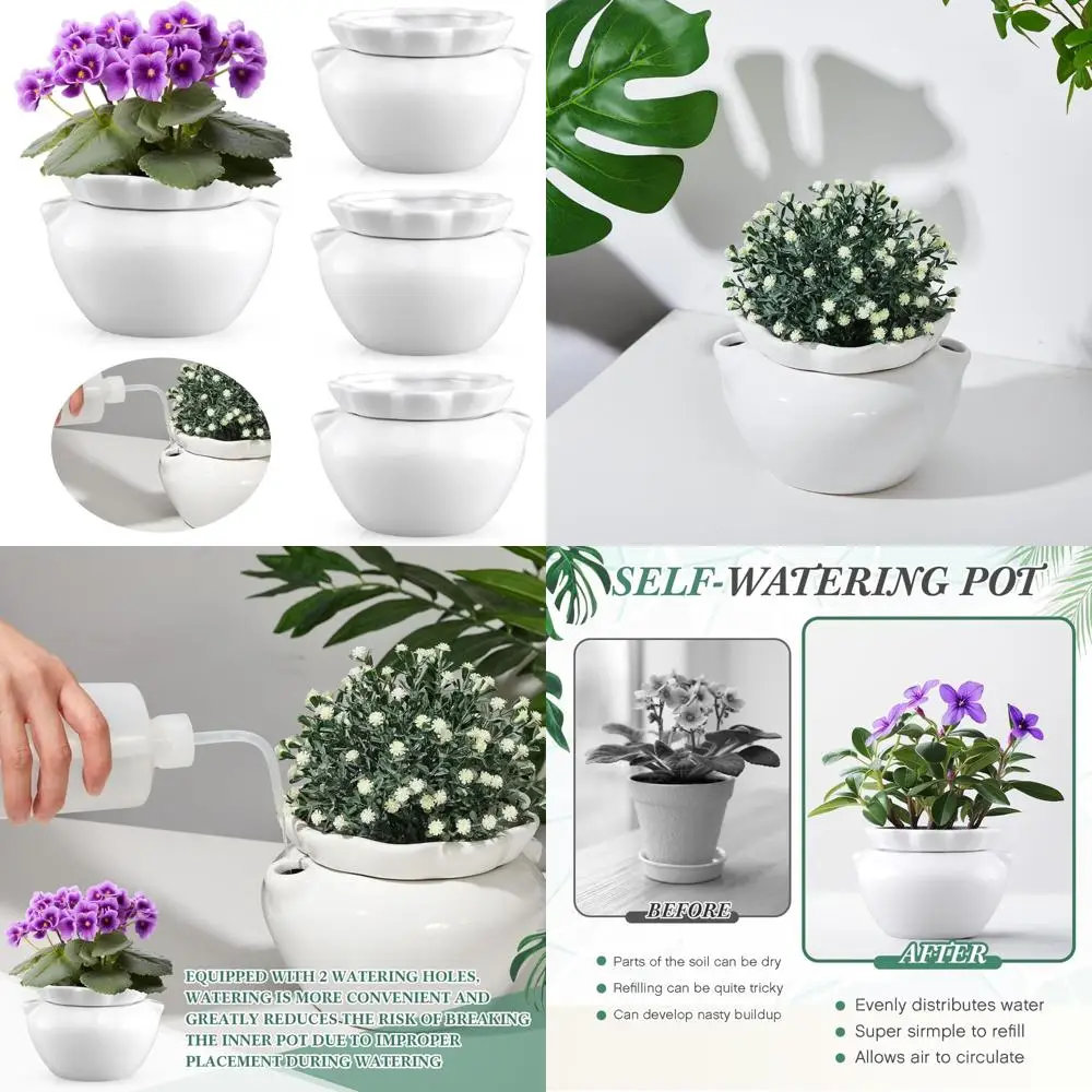 

Self-Watering African Violet Pots, 4-Piece Set, 6-Inch White Ceramic Indoor Plant Flowerpots with Absorbent Inner Pots