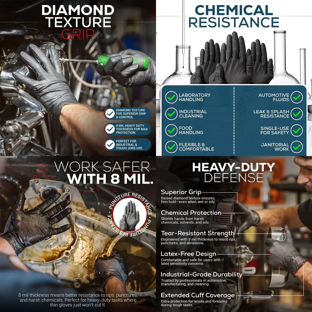 

Перчатки нитриловые черные особо прочные 8 мил с рельефной ромбовидной текстурой для механиков, автосервиса и промышленных работ