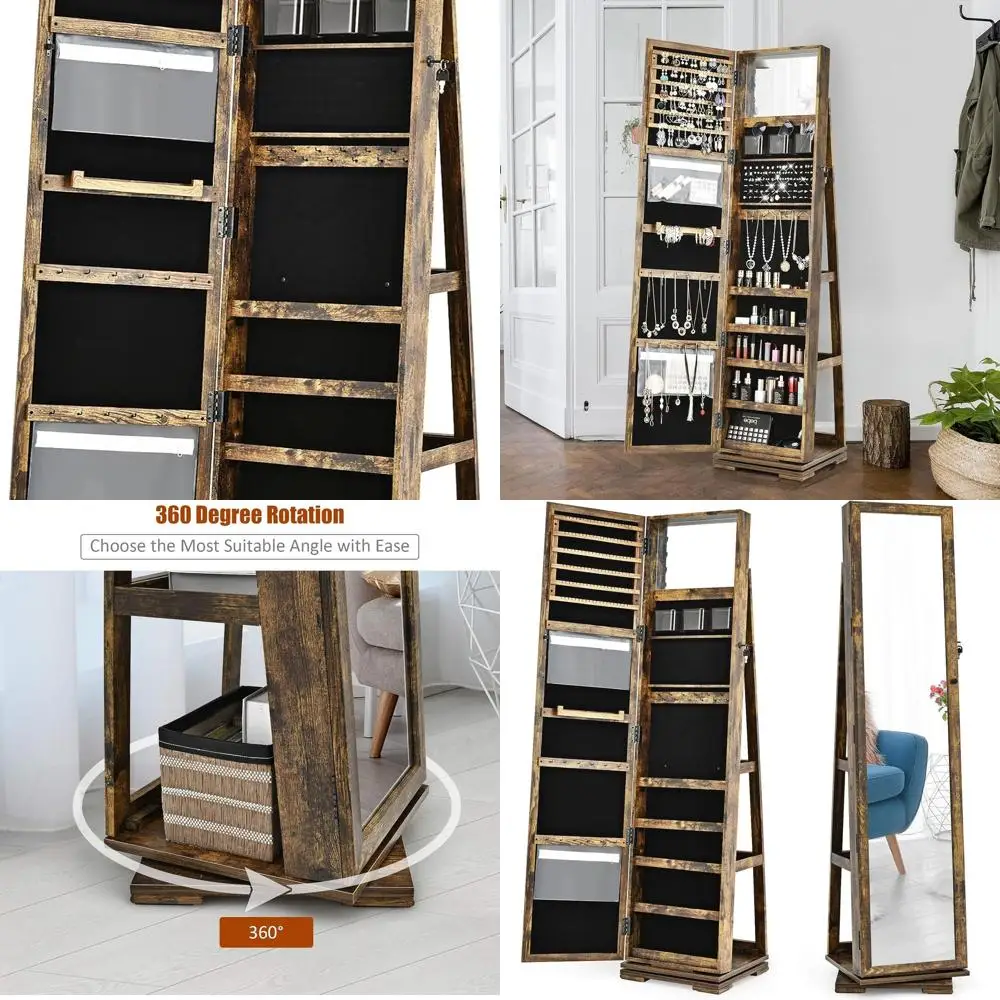 

Большой коричневый поворотный шкаф для ювелирных изделий в деревенском стиле с зеркалом в полный рост, запираемым шкафом и местом для хранения косметики