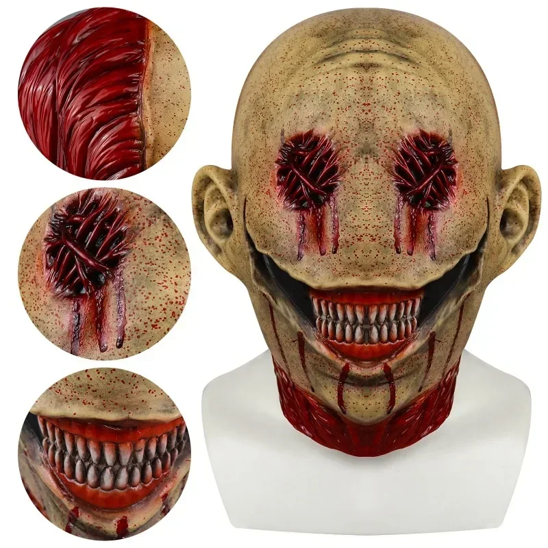 Máscara de payaso aterrador sin ojos, disfraz de fiesta de Cosplay de Halloween, conjunto de cabeza completa, accesorios de vestido de mascarada de carnaval Unisex