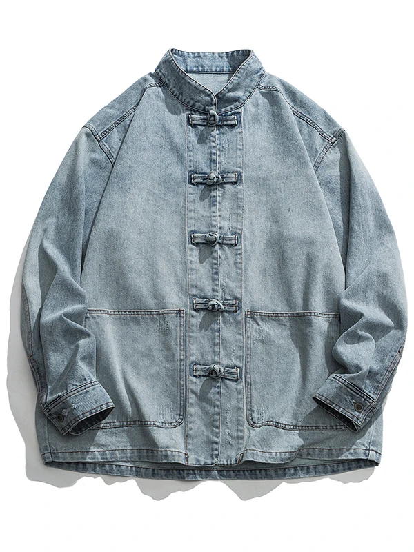 

Retro Waed Denim Jaet for Men Autumn Winter Large Size Buttoned Chinese Sle Coat Youth Trend Loose Fit Cotton Blend
