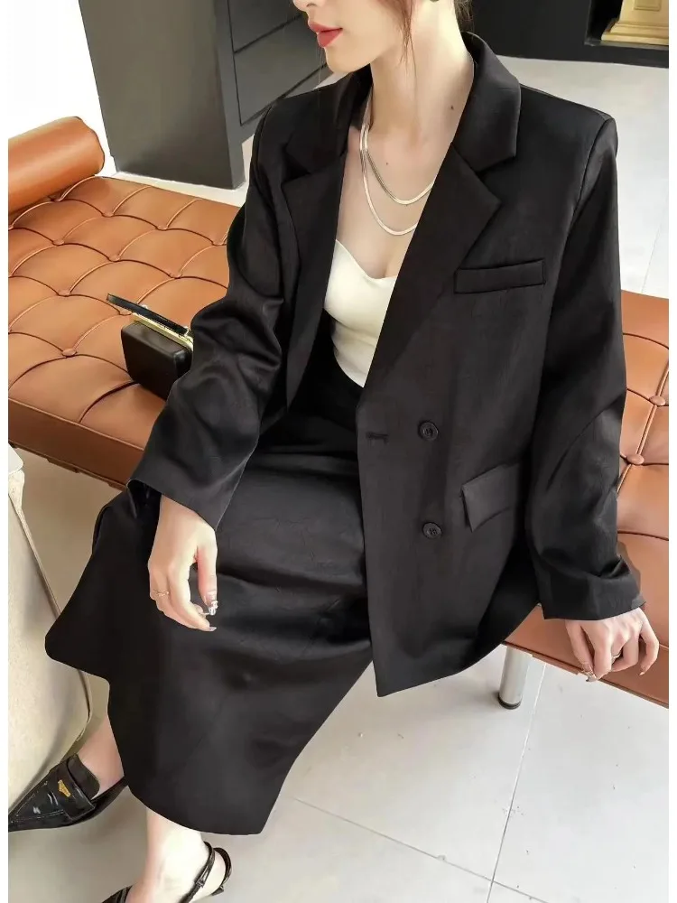 

Insozkdg Vintage Hong Kong Style Chic Casual Double Breasted Suit Jacket + Long Skirt Two-Piece Set Women Spring-Autumn 2024 New