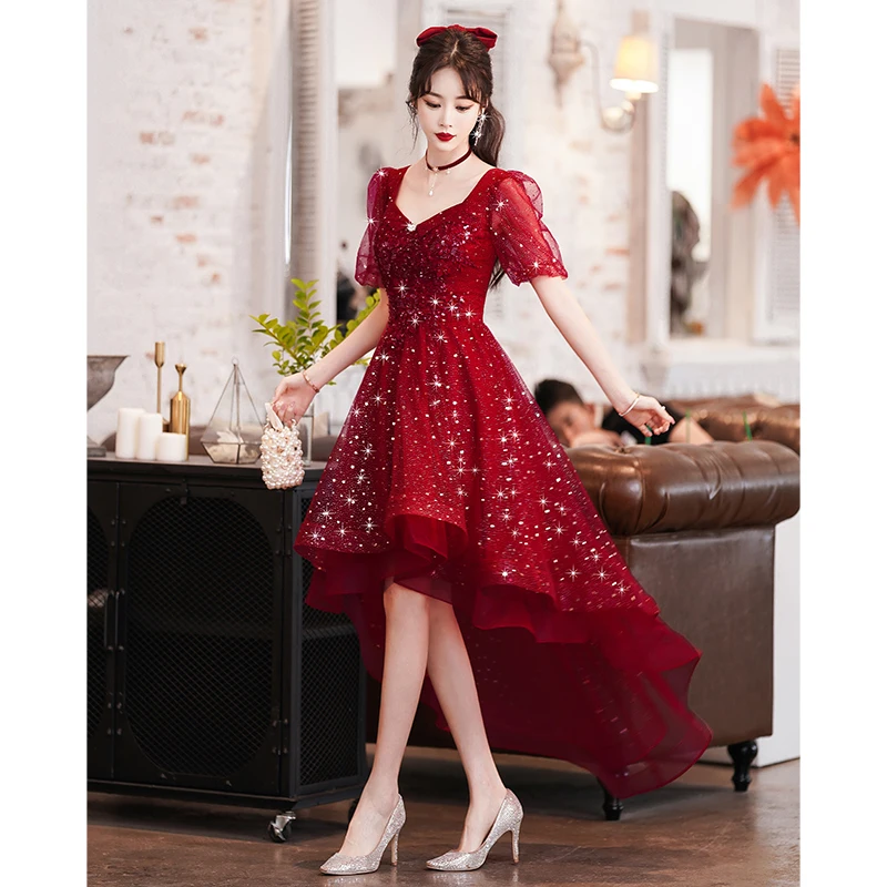 Wine Red High Low Prom Dresses 2022 Elegant Sweetheart Luxury Appliques Shiny Glitter Tulle Short Front Long Back Wedding Party