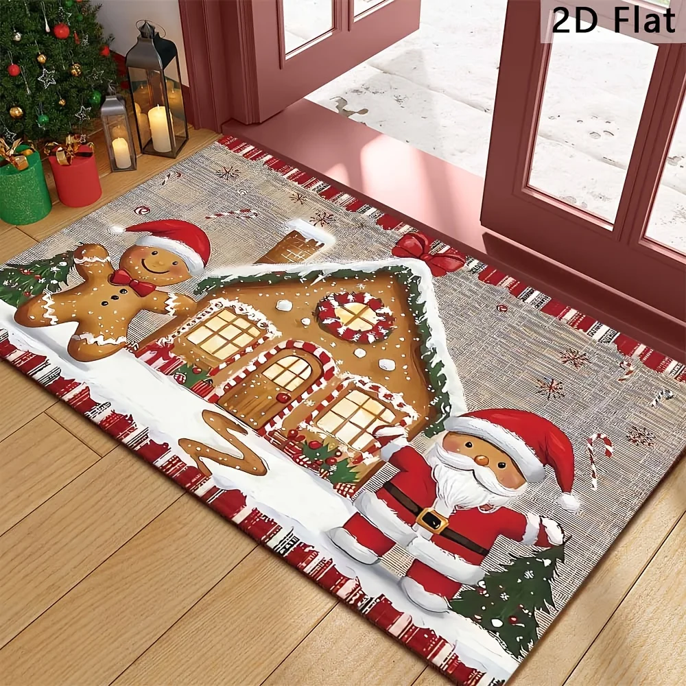 VIKAMA Christmas Gingerbread House Floor Mat Entrance Non Slip Water Absorbent Easy To Clean Festive Atmosphere Decor Carpet