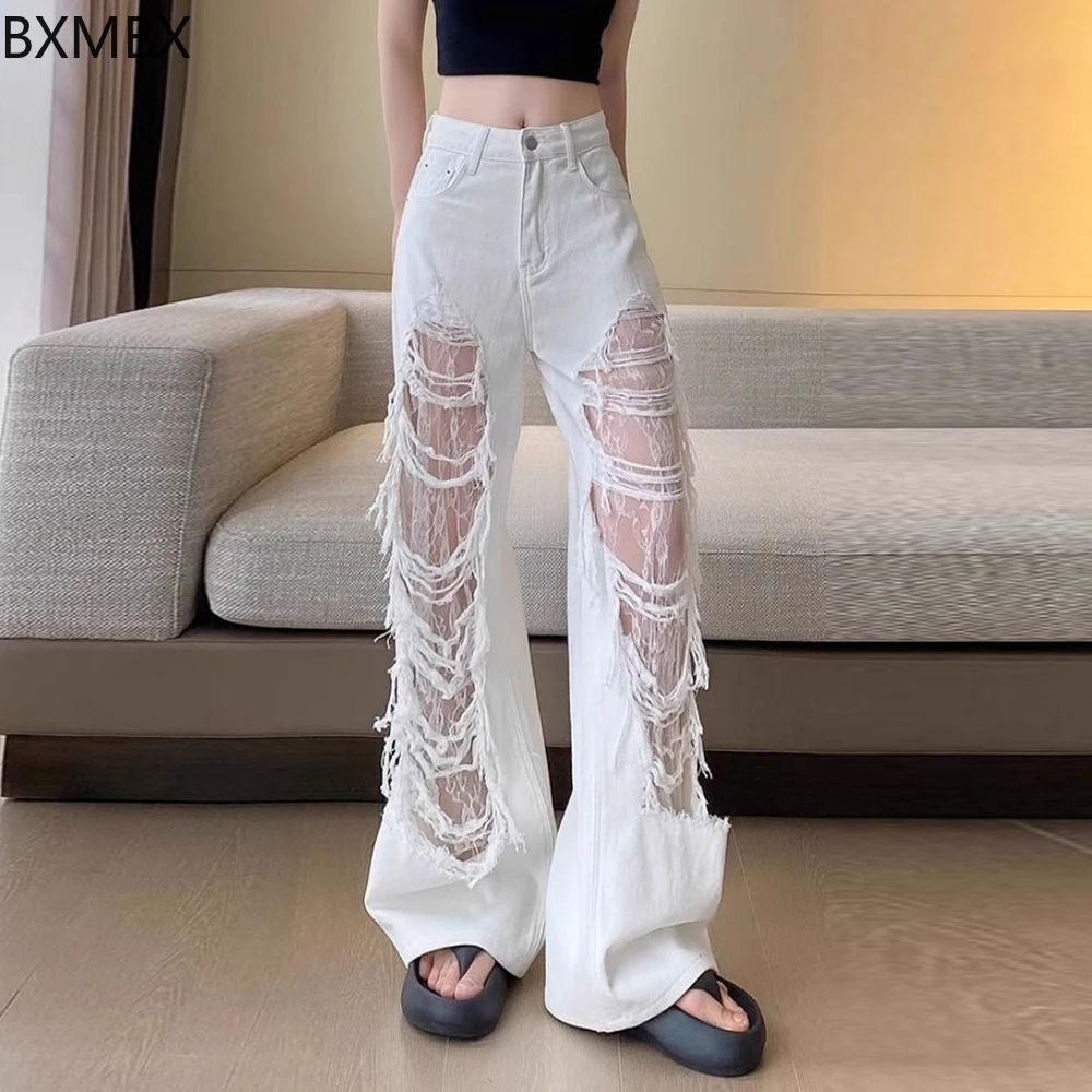 

White lace stitching ripped wide-leg jeans women's summer spice high street design loose thin straight-leg pants