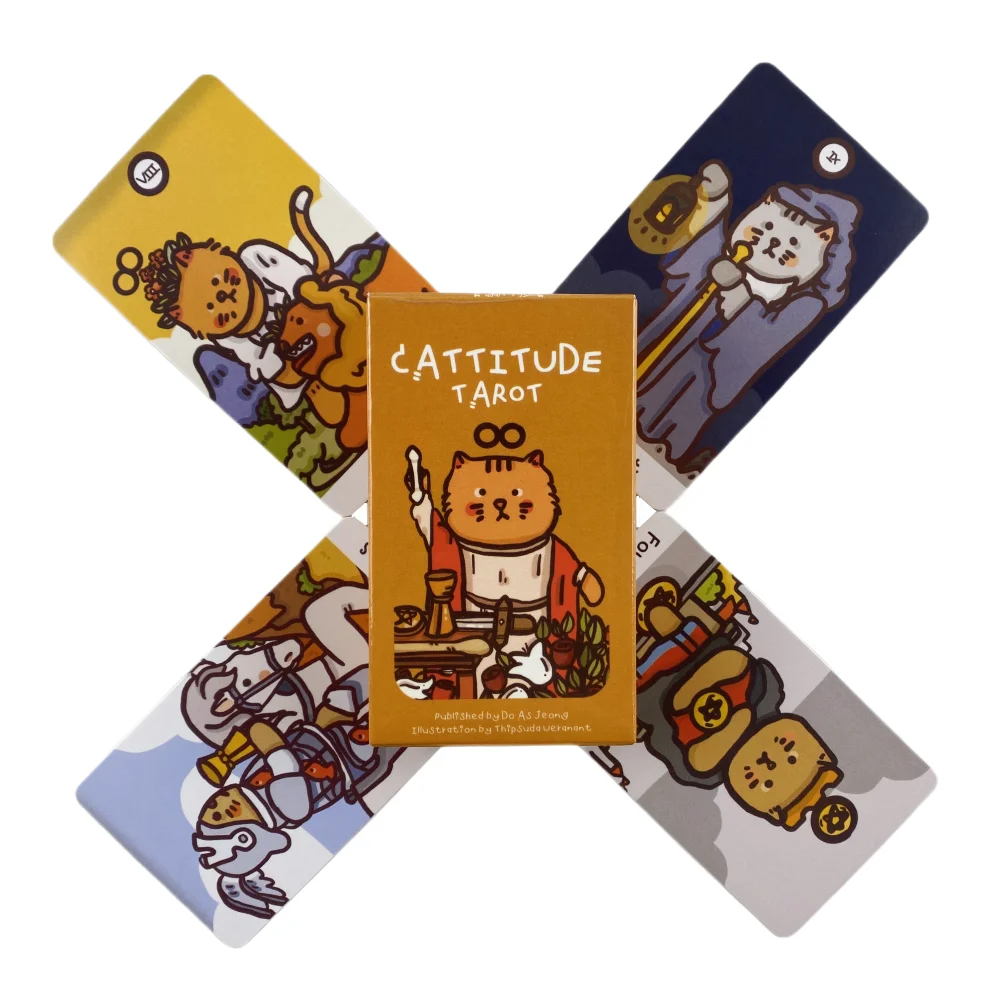 Cattitude – Guide des cartes de tarot, jeu de cartes mignonnes avec chat, jeu de tarot avec PDF, nouveau jeu de divination pour débutants, jeu de société d'oracle, jeu occulte
