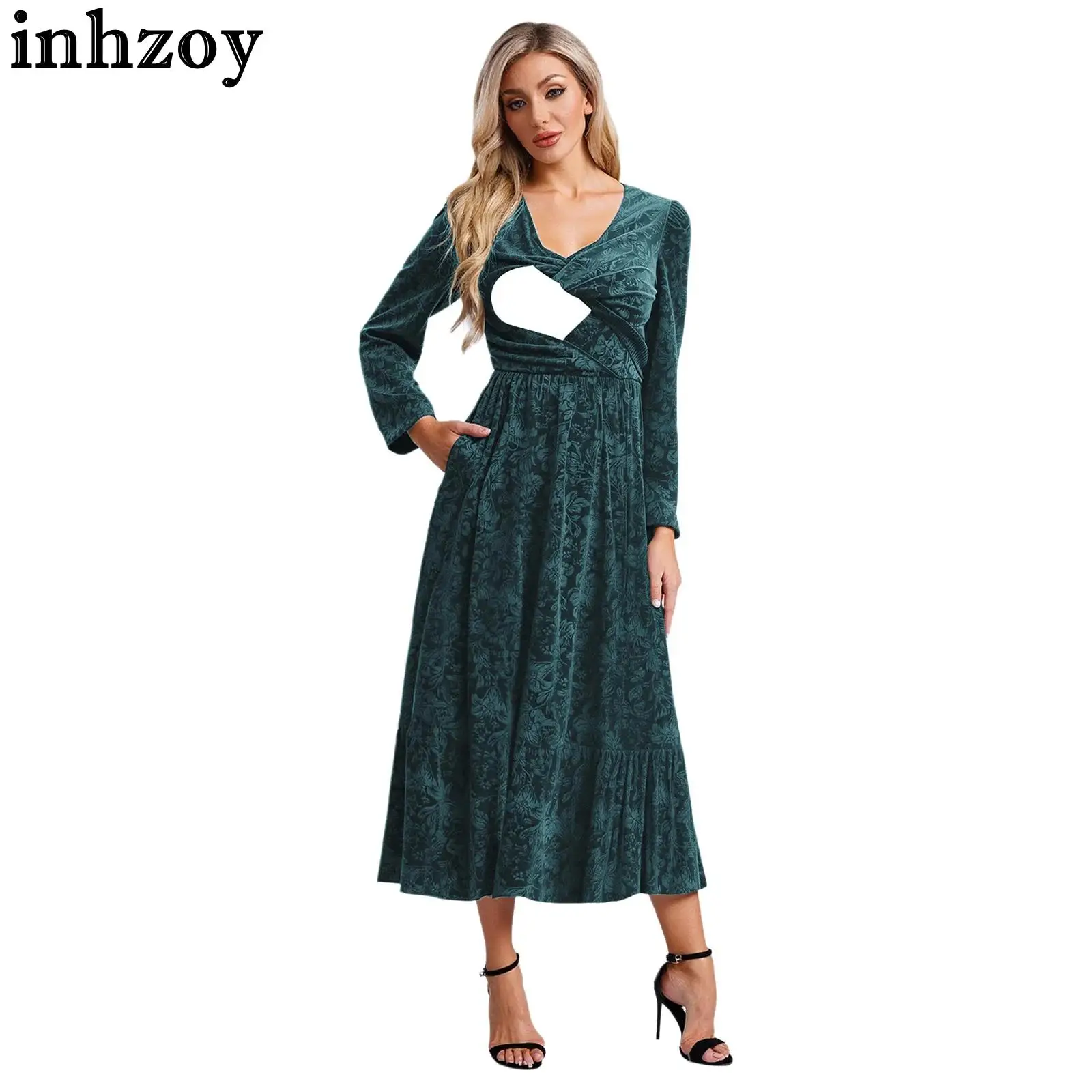 

Женское платье макси для кормления, костюм для свадьбы, дня рождения, с длинным рукавом, v-образным вырезом, эластичной резинкой на талии, бархатное платье с цветочным принтом для грудного вскармливания