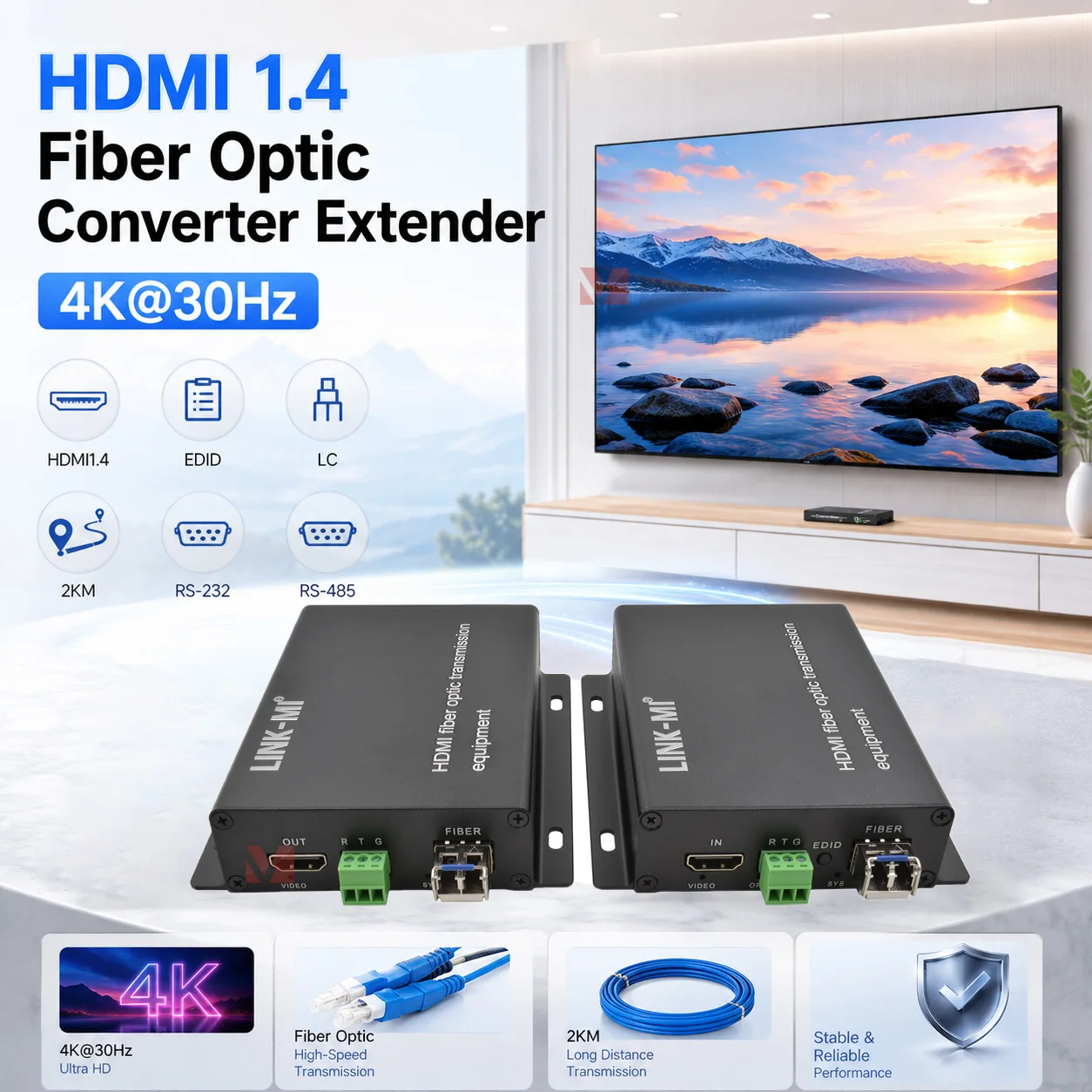 

4K@30Hz HDMI 1.4 Fiber Optic Converter DVI 1.0 HDMI Fiber Extender transmitter receiver via Single-mode 10KM with RS232/RS485