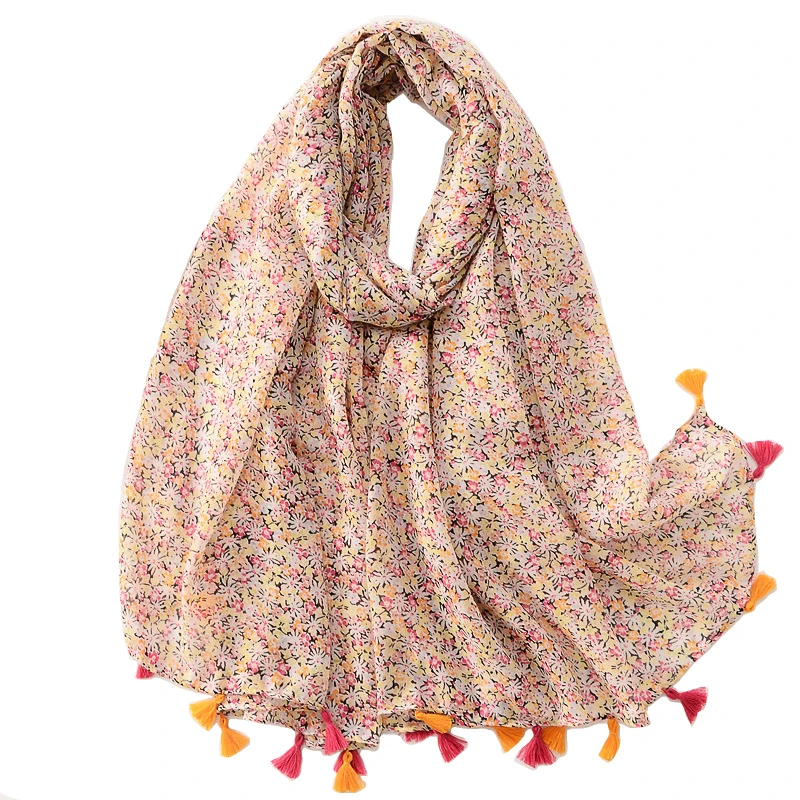 

2022 Fashion Small Flower Print Tassel Scarf Shawls Long Women Beach Floral Soft Hijab Wrap Free Shipping