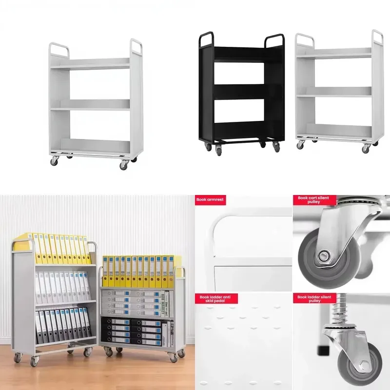 Three Layer Rolling Steel Mobile Document Holder Cart Non Slip Frame Plate Locking Wheels Modern White for Schools