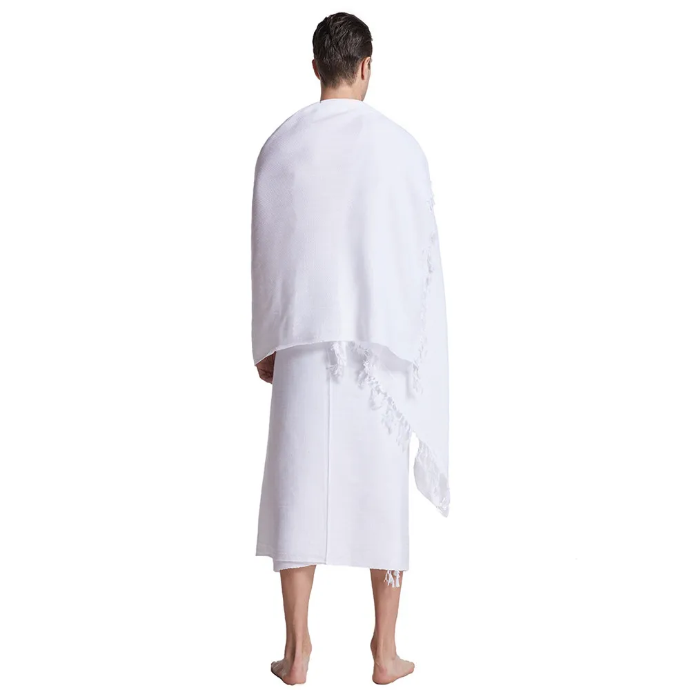 Men Ihram Clothing Hajj Umrah White Striped Tassel Towel Muslim Pilgrimage Two Pieces Ahram Ehram Prayer Robe lamic Pilgrimage