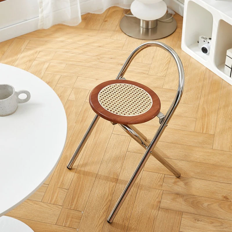 

Single backrest folding chair Korean medieval log wabi sandy wind small apartment dining chair metal leisure chairs stool