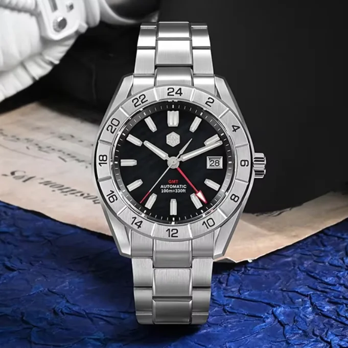 San Martin Men Automatic Watch 42mm GMT Mechanical Wristwatch 10Bar Waterproof Luminous Sapphire Mirror NH34 MOP Dial