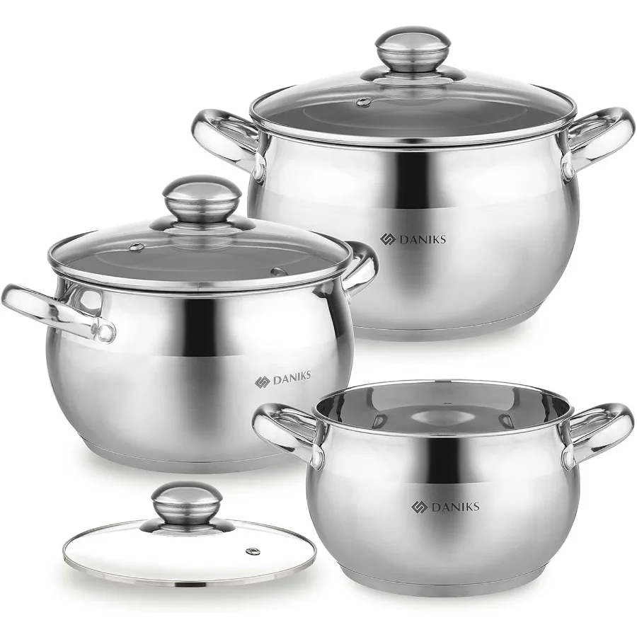 

Classic 6Piece Stainless Steel Induction Cookware Set Ideal for Home Kitchen Cooking Dishwasher Safe Pots with Lids Featuring M