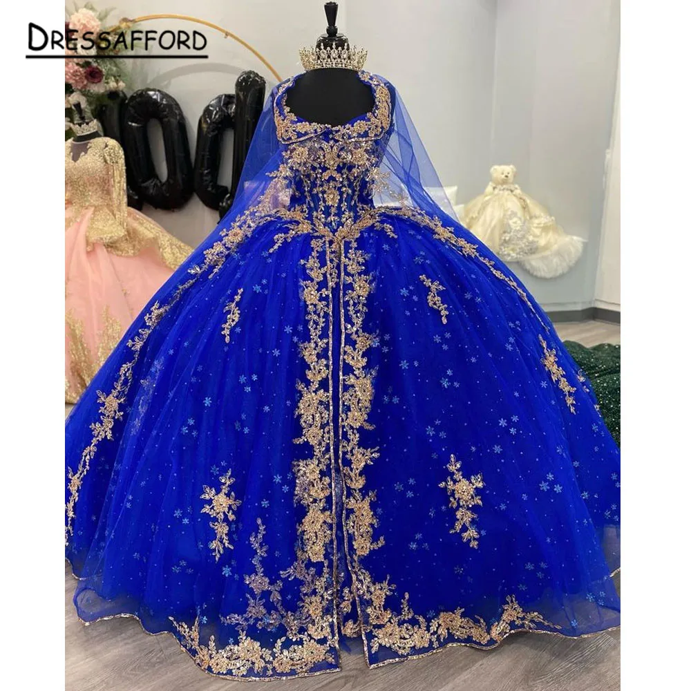 Azul real quinceanera vestidos apliques rendas flores artesanais vestido de baile com manto corset querida para doce 15 meninas festa