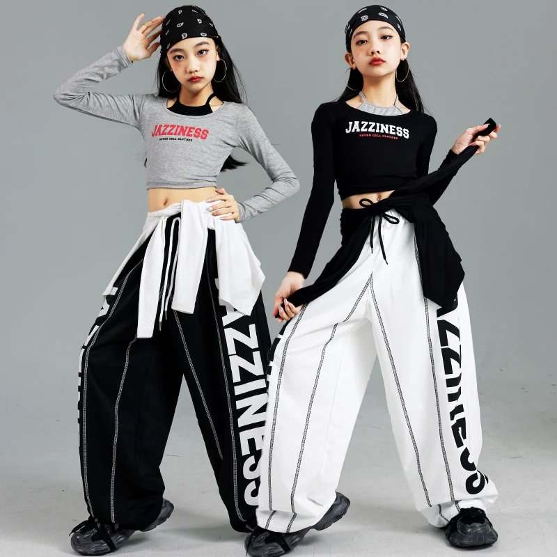 

Kids Fashion Hip Hop y2k Longsleeve T-shirt Pants Set Girl Performance Costume Stage Outfit Child Jazz Dance Suit Street clothes