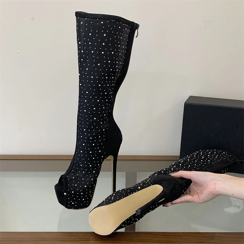 Aneikeh Women Black Sheer Mesh Rhinestone Knee High Boots Peep Toe Platform Stiletto High Heels Sexy Back Zipper Party Club Shoe
