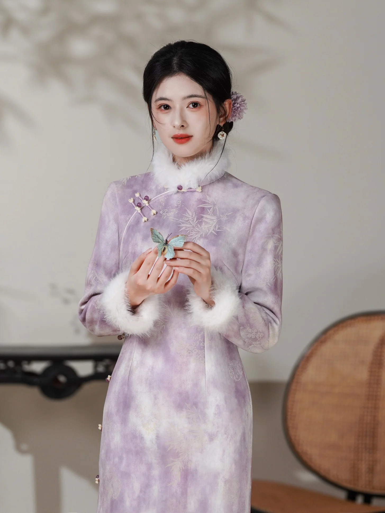 

Winter Thiened Purple Chinese Sle Dr New National Trend Long Qipao Ele Daily High-Quali Floral Pattern