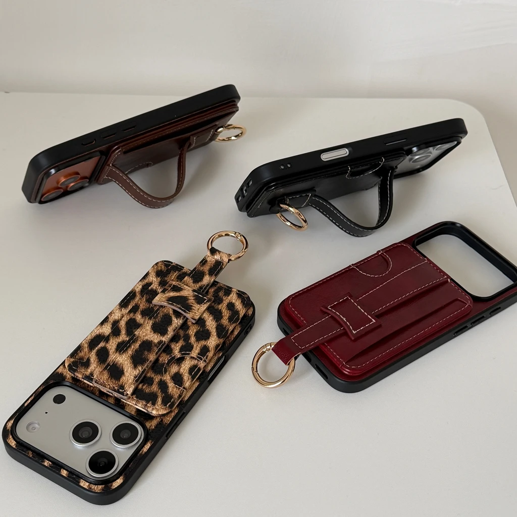 

Fashion Leather Leopard Pattern Multifunctional Card Case Hand Wristband Protect Phone Cover Case for iPhone 17 16 15 14 Pro Max