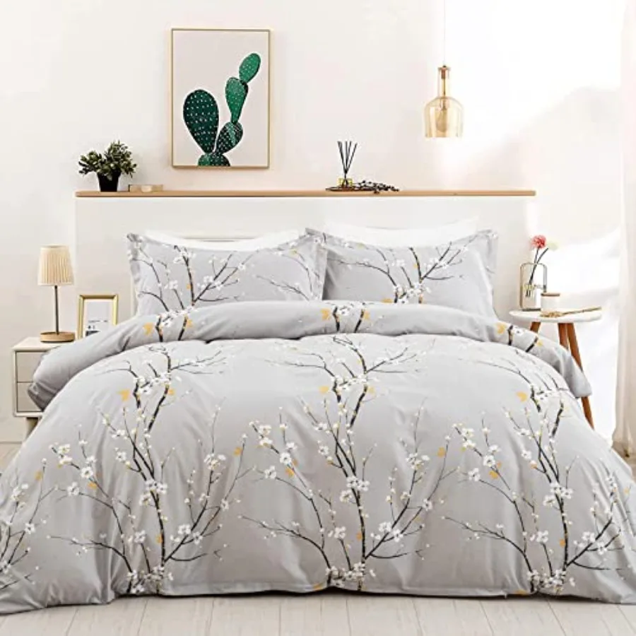 Light Grey Duvet Cover Set, Flower Plum Blossom Prnited Bedding Set with 1 Pillowcase, 3 Pcs Soft Microfiber Comforter Cover wi