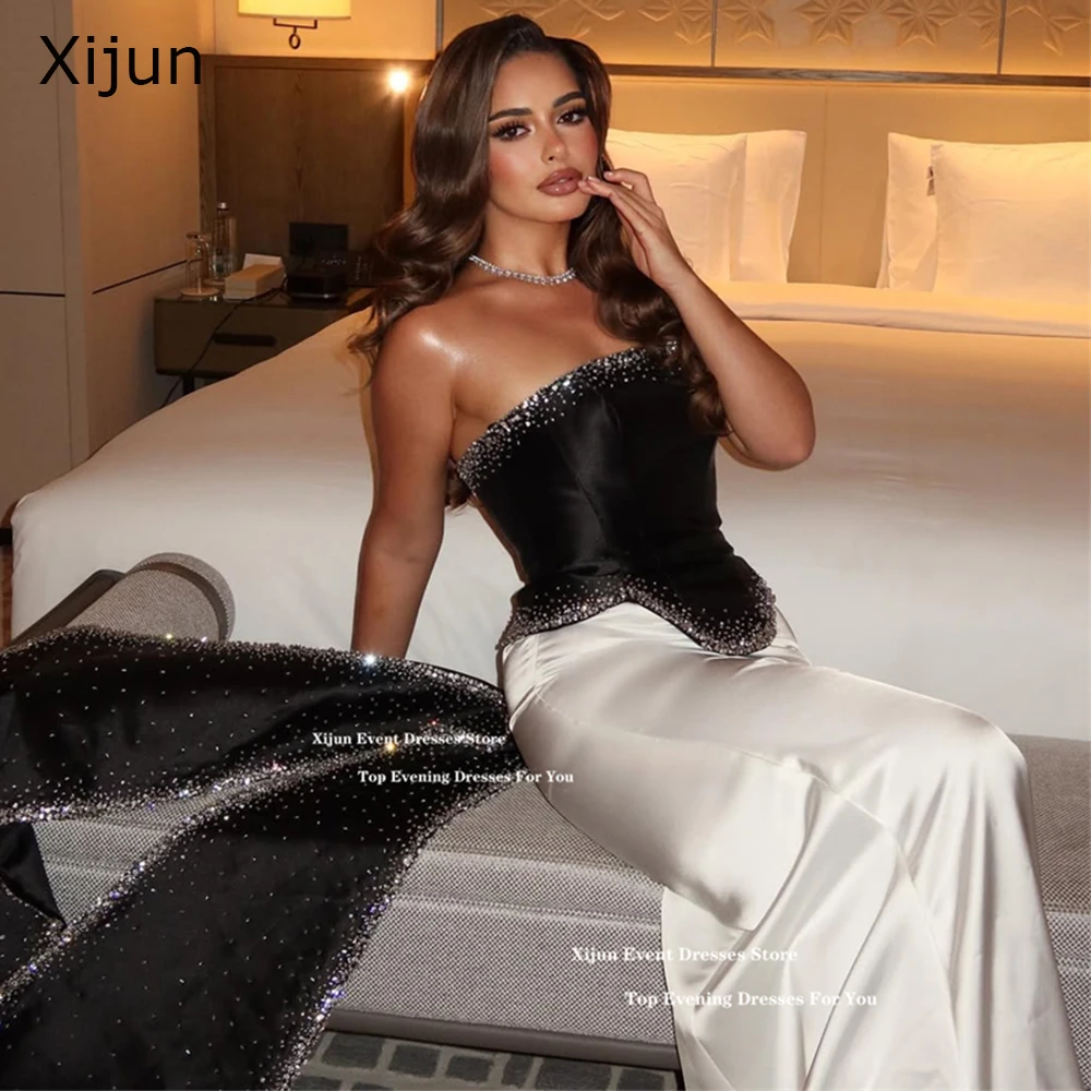Xijun فساتين سهرة رائعة باللون الأسود والأبيض مطرز بدون أكمام حورية البحر فساتين لحضور الحفلات الموسيقية دبي فساتين حفلات رسمية فاخرة 2025 مخصصة