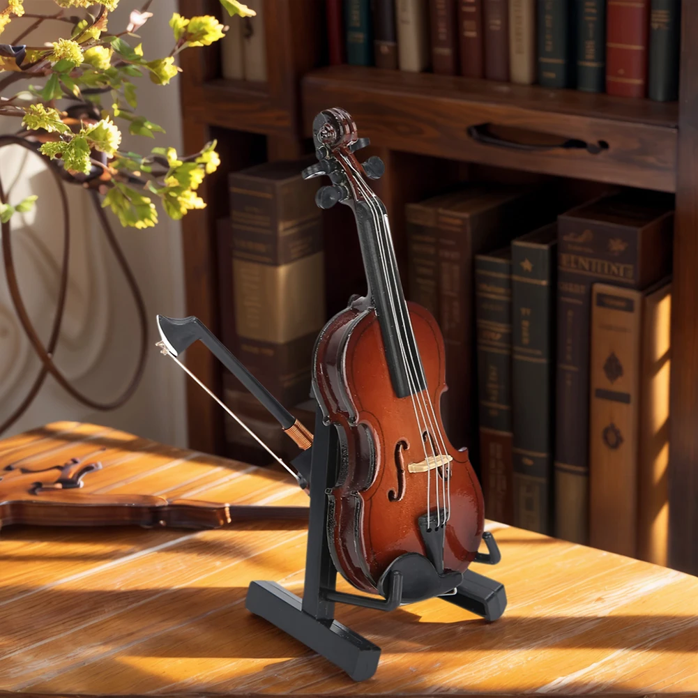 Wooden Miniature Cello -Stand & Bow Wood Violin Replica Collectible Figurines Gift for Kid Friend Music Lovers Craft Collector - view 2