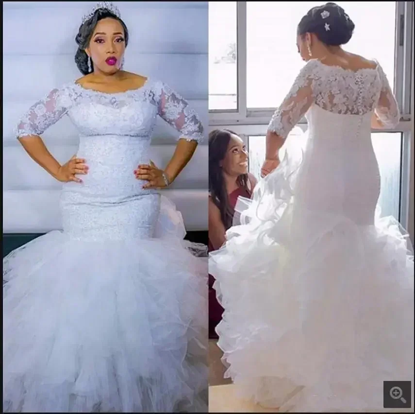 カスタマイズされた白いチュールマーメイドウェディングドレス、オフショルダー、ハーフスリーブ、ヴィンテージビーズ装飾、花嫁ドレス、レースアップリケ、南アフリカ