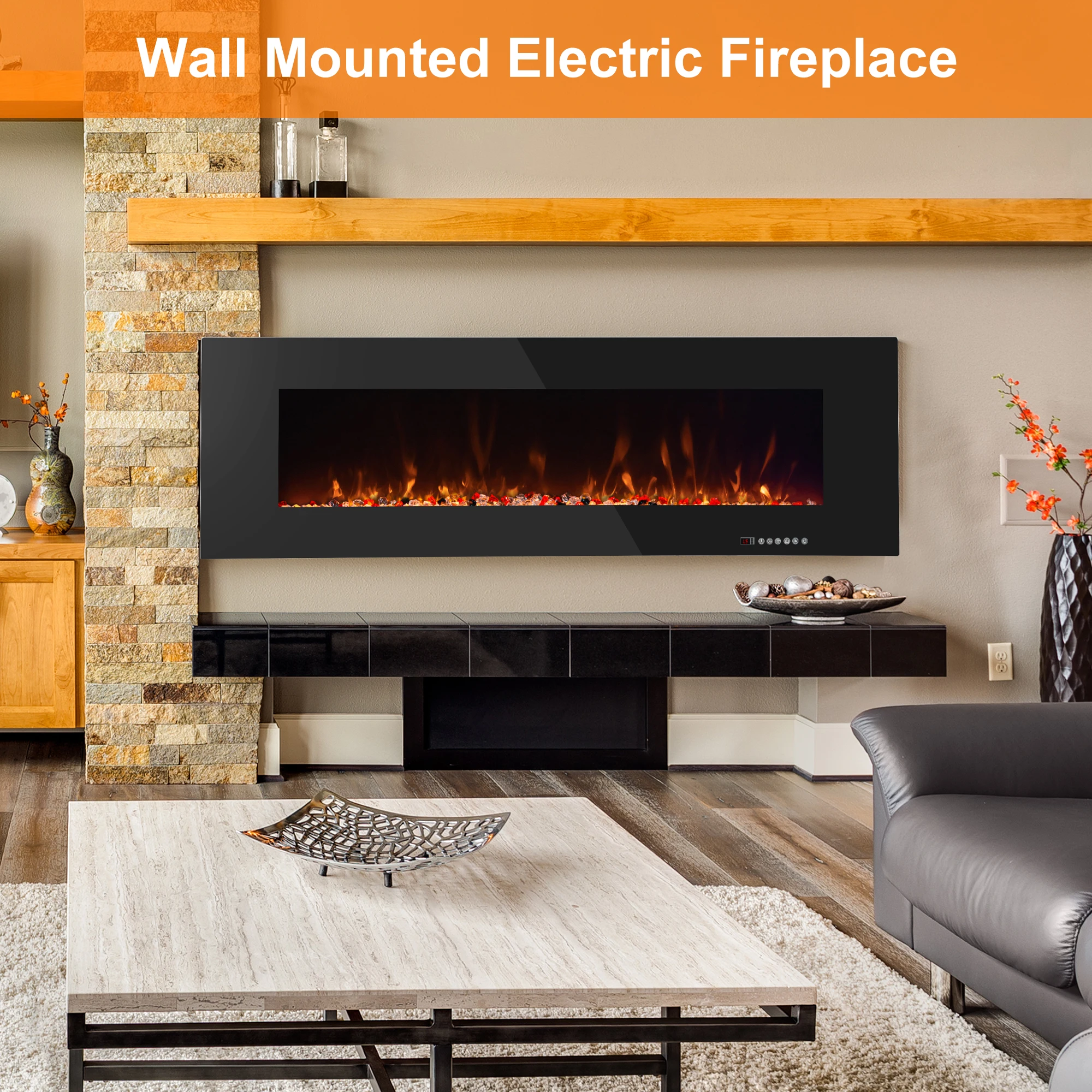 50 Inch Wall-Mounted LED Light Electric Fireplace Indoor Heater For Household Hotel Use NOT For Recessed Installation