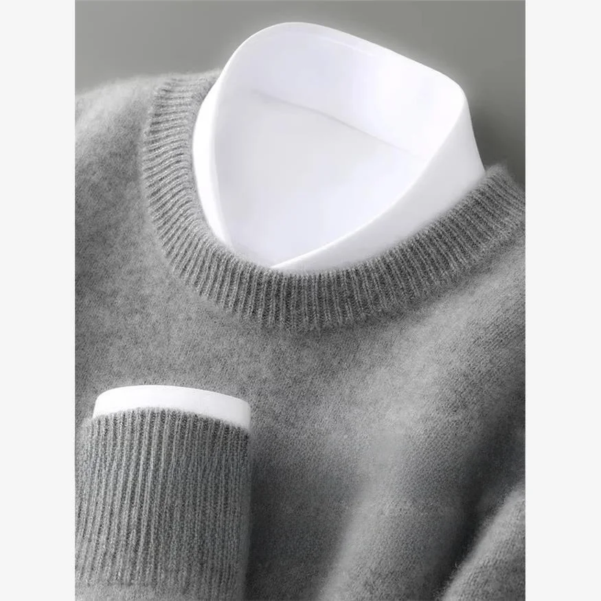 

Утепленный свитер из 100% чистой шерсти с круглым вырезом, мужской, свободный, теплый, базовый слой, мягкий вязаный джемпер для осени и зимы