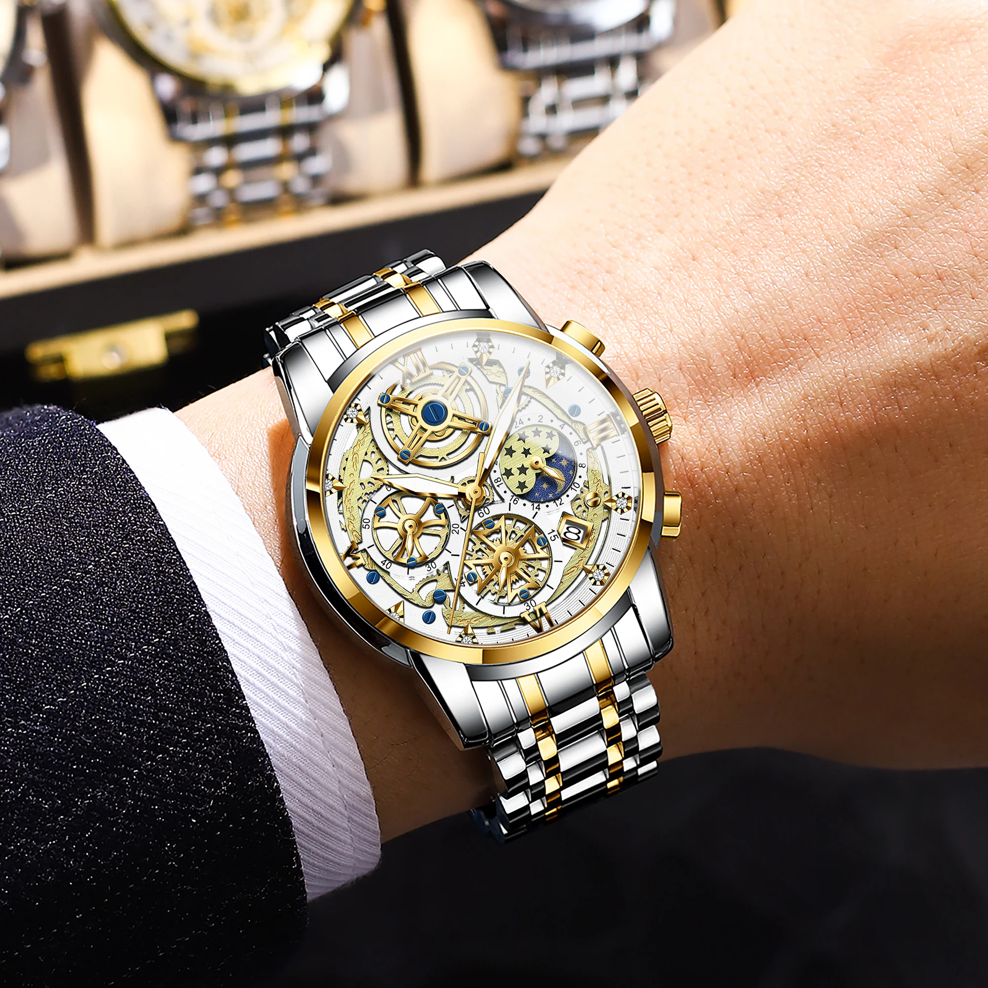 빈본드 남성용 명품 시계 오리지널 방수 야광 날짜 표시 남성 시계 크로노그래프 스테인리스 스틸 쿼츠 남성 시계 레로즈