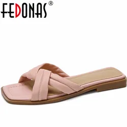 FEDONAS Low Heels Concise Women Slippers 2024 Summer Genuine Leather Comfortable Casual Working Shoes Woman Sandals New Arrival