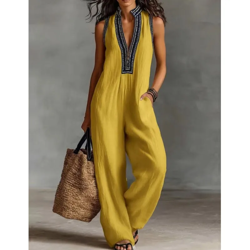 Sexy Deep V Neck Hollow Women's Jumpsuits Vintage Printed High Waist Slim Office Romper Spring Summer Sleeveless Pocket Overalls