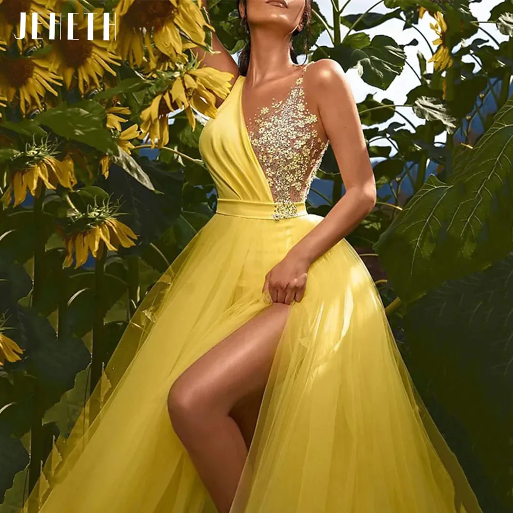 JEHETH Yellow Elegant Evening Dresses Sleeveless V-Neck Prom Party Gowns Flower Appliques Tulle with Side Slit A-Line 2023