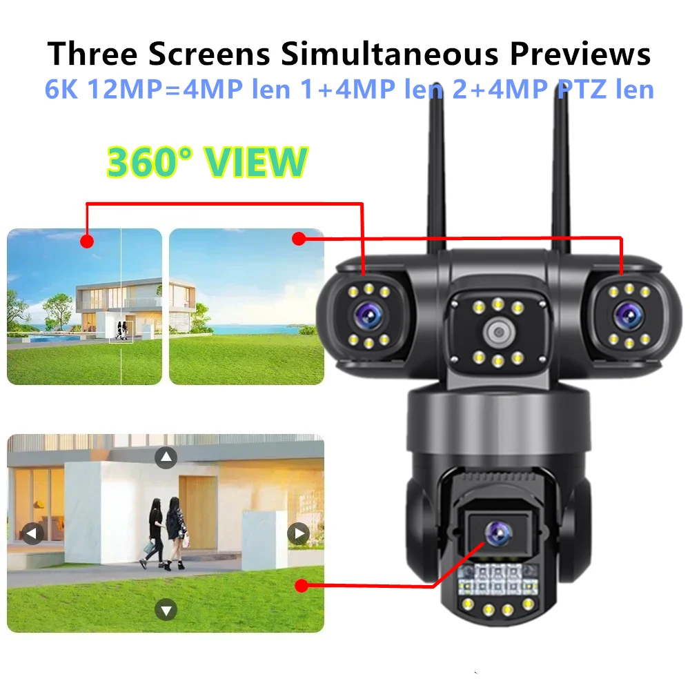 4G 12MP 6K IP CCTV Outdoor Waterproof Security Camera 3 Lens Night Vision Two-way Intercom Mobile Monitoring Alarm 360°PTZ