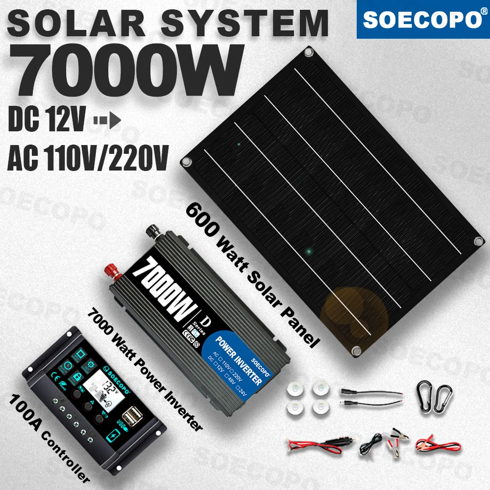 

SOECOPO 7000W Complete Solar Generator Kit 12V DC to 110V/220V Inverter 600W Panel 100A Controller for Off-Grid Home RV Camping