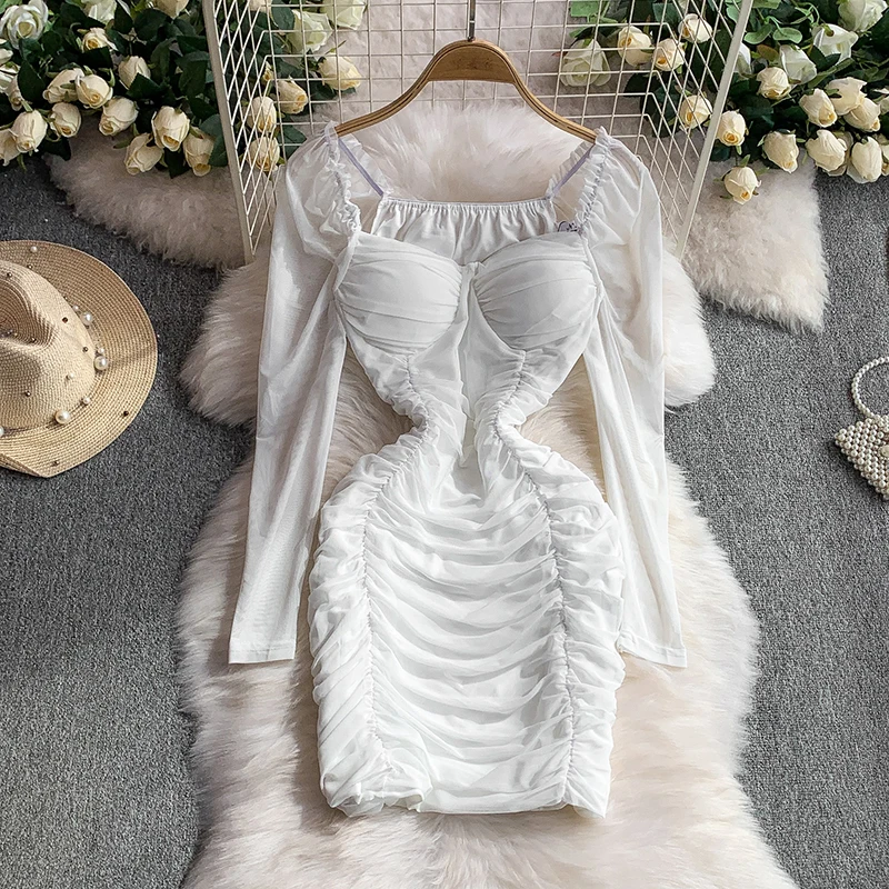 Sexy Quadrat Kragen Langarm Kleid Frauen Sommer Weiß Mesh Plissee Schlank Warp Hüften Kleid Dame Kurze Party Kleider