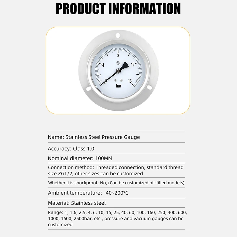 Manometer Pool Filter Water Pressure Gauge Dial Hydraulic NPT1/2  G1/2 ZG1/2 100mm Manometre Pression 1/4\