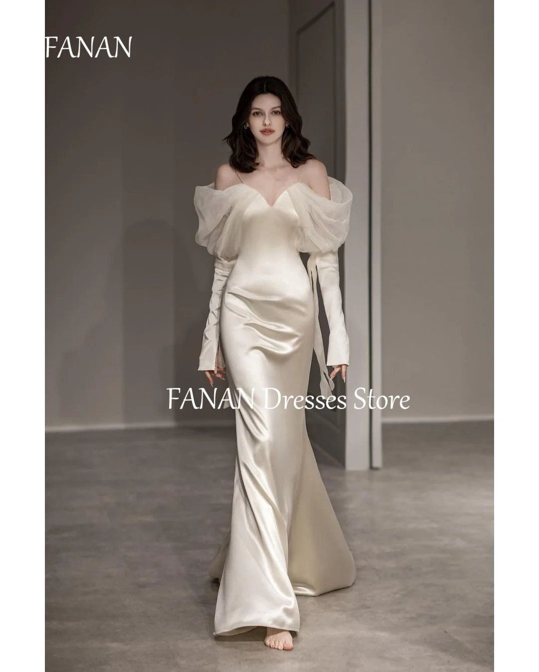 

FANAN Mermaid Satin Korea Long Sleeves Ivory Wedding Dresses Sweep Train Backless Satin 웨딩드레스 Custom Made Bride Gowns Plus Size