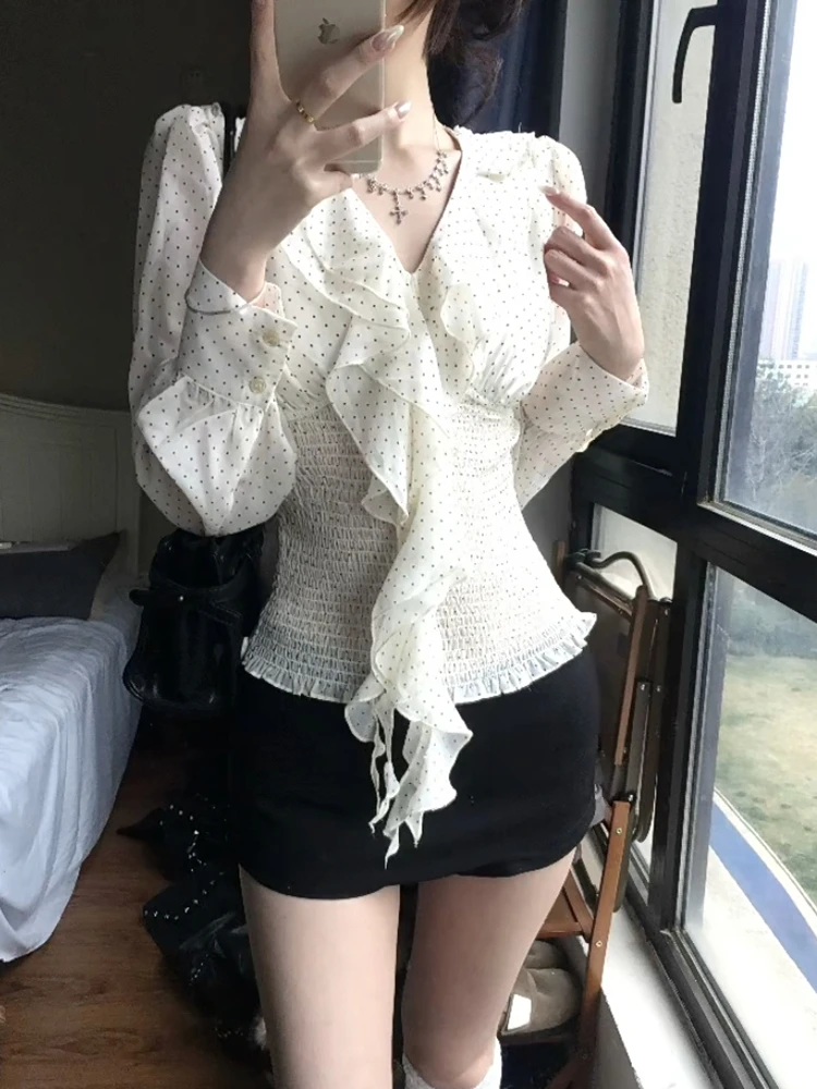 Genayooa Y2k Japanese Chiffon Shirt Women Polka Dot Ruffles Blouse And Shirt Streetwear Vintage Shirts Fairycore Pleated Blouse