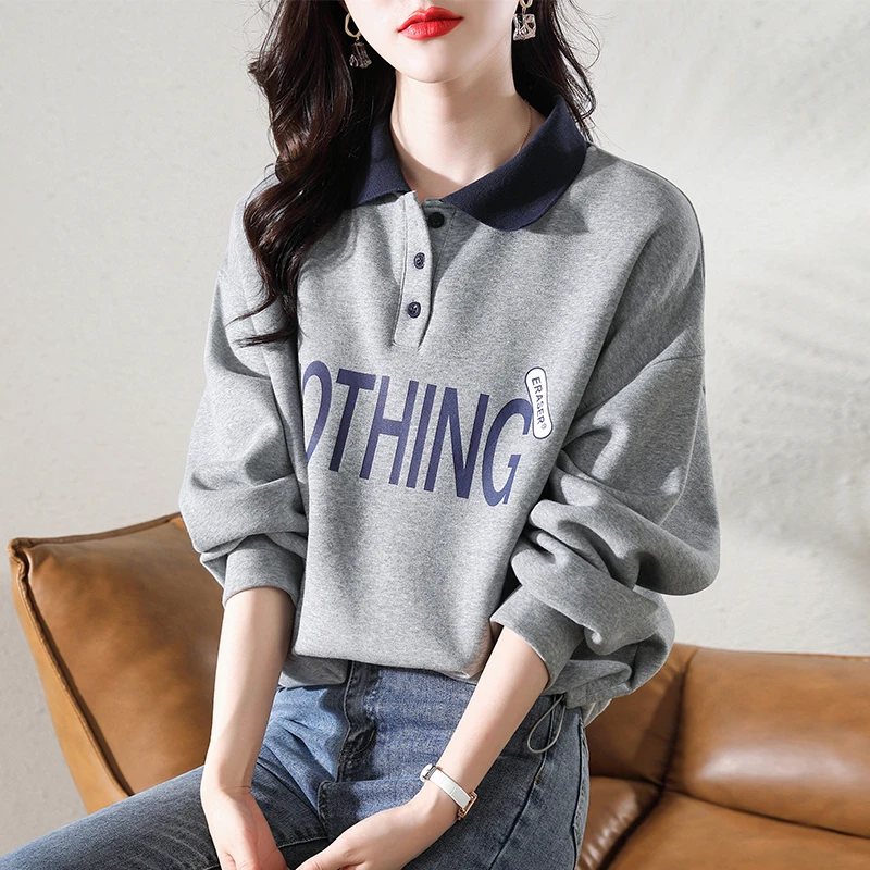 Shandong Jimo Gray Hoodie Women Autumn Oversize Outerwear 2024 New Loose Polo Collar Long sleeve Top