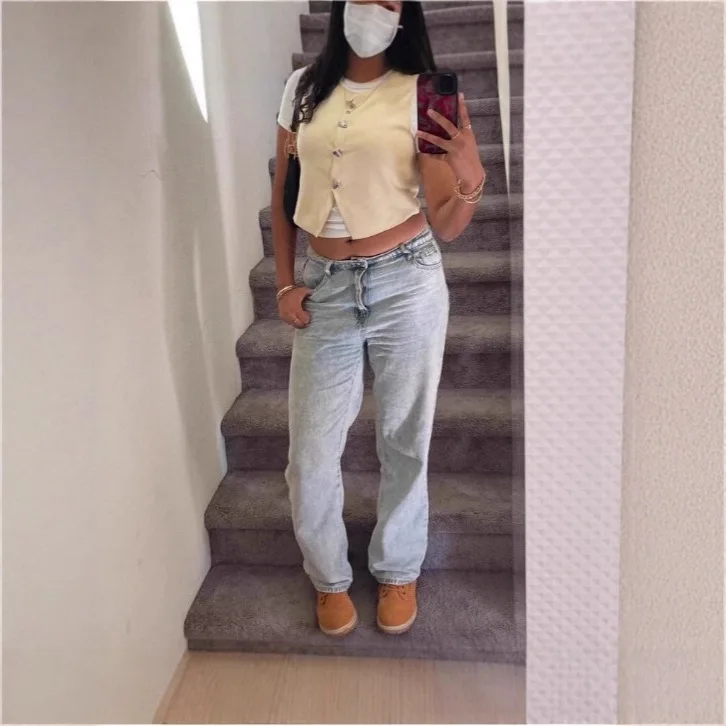 Ladies High‑Elastic High Waist Straight Denim Jeans 2026 Spring Summer Peach Hip Light Blue Washed Casual Pants For Women