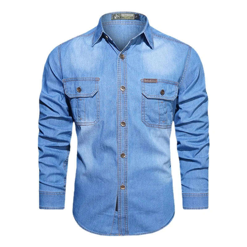 Nowa wiosna mężczyźni odkryty z wieloma kieszeniami Denim koszule narzędziowe męskie koszule dżinsowe z długimi rękawami jakość męska bawełna Casual koszule jeansowe 5