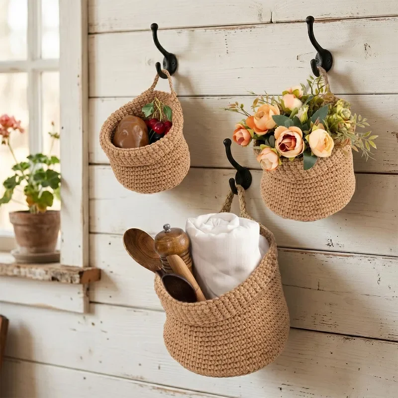 3pcs Kitchen Wall Mounted Storage Net Pocket Fruit Vegetable Wall-mounted Storage Bag Handmade Multifunctional Decoration Basket